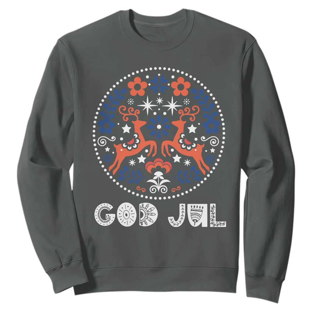 Yule God Jul Sweatshirt Folk Art Scandinavian Reindeers TS11 Dark Heather Print Your Wear
