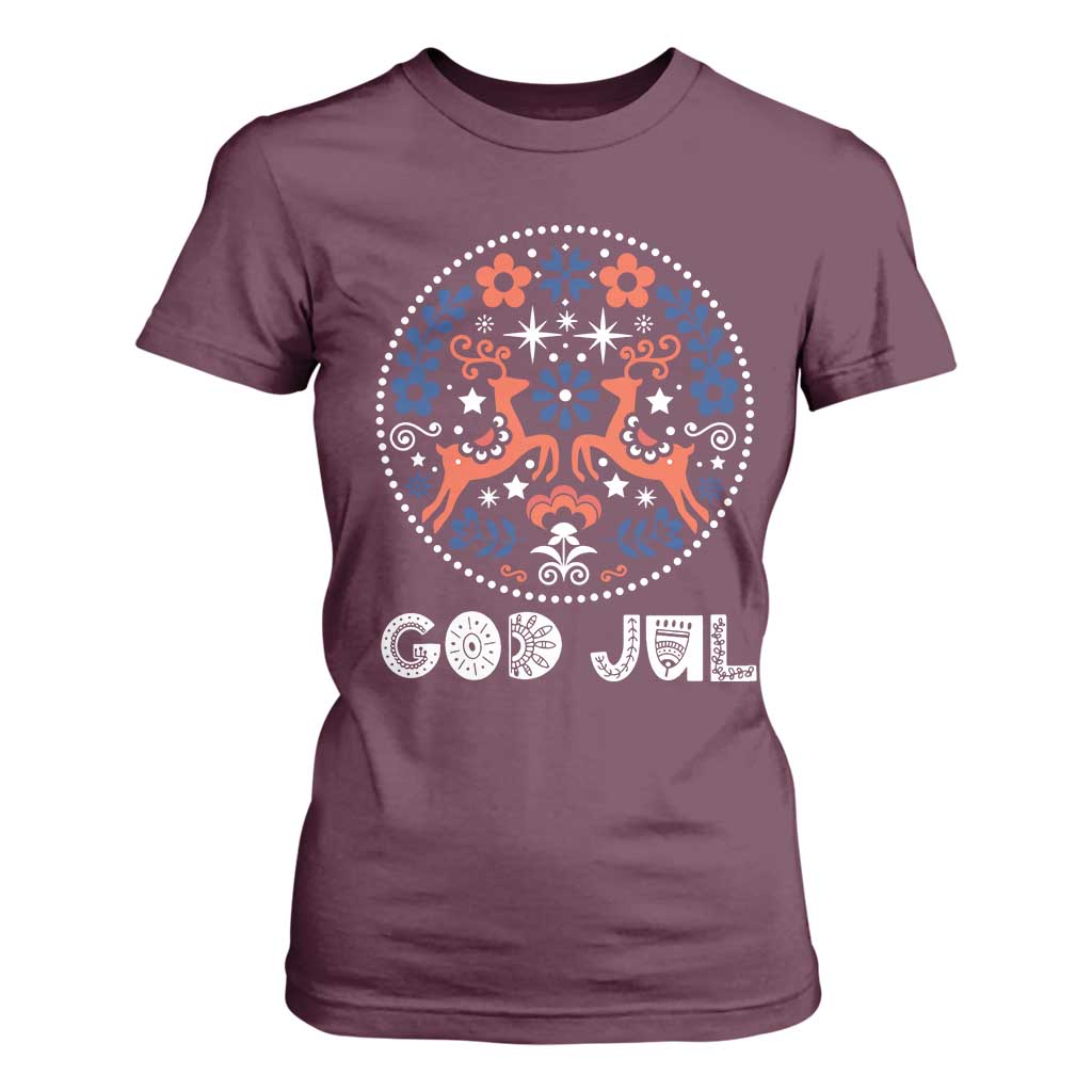 Yule God Jul T Shirt For Women Folk Art Scandinavian Reindeers TS11 Maroon Print Your Wear