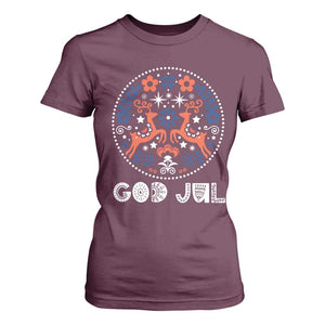Yule God Jul T Shirt For Women Folk Art Scandinavian Reindeers TS11 Maroon Print Your Wear
