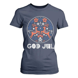Yule God Jul T Shirt For Women Folk Art Scandinavian Reindeers TS11 Navy Print Your Wear
