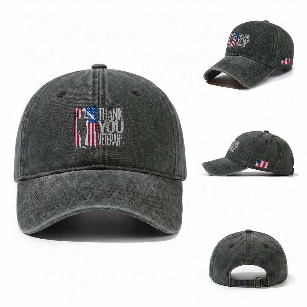 Thank You Veterans Washed Cotton Baseball Cap Veterans Day Proud Military American Flag TS11 Washed Cap Universal Fit Dark Green Print Your Wear