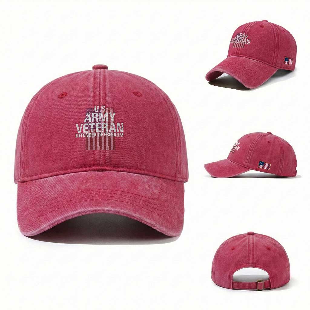 Patriotic Veterans Washed Cotton Baseball Cap U.S Army Veteran Defender Of Freedom TS11 Washed Cap Universal Fit Red Print Your Wear