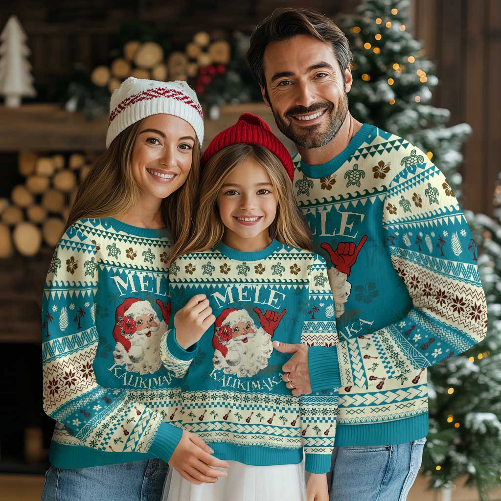 Xmas In Hawaii Ugly Christmas Sweater Mele Kalikimaka Retro Santa Shaka Aloha TS11 Teal Print Your Wear