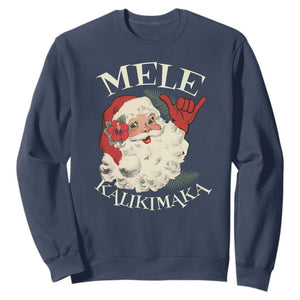 Christmas In Hawaii Sweatshirt Mele Kalikimaka Retro Santa Shaka Aloha Xmas TS11 Navy Print Your Wear