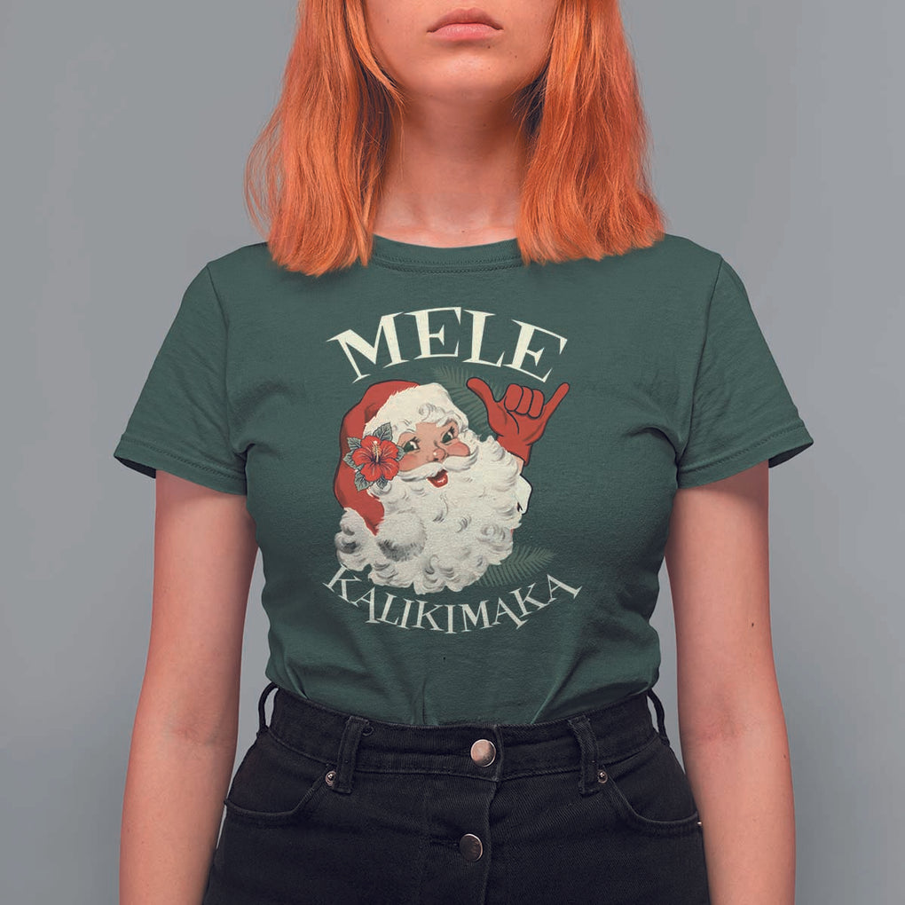 Christmas In Hawaii T Shirt For Women Mele Kalikimaka Retro Santa Shaka Aloha Xmas TS11 Dark Forest Green Print Your Wear