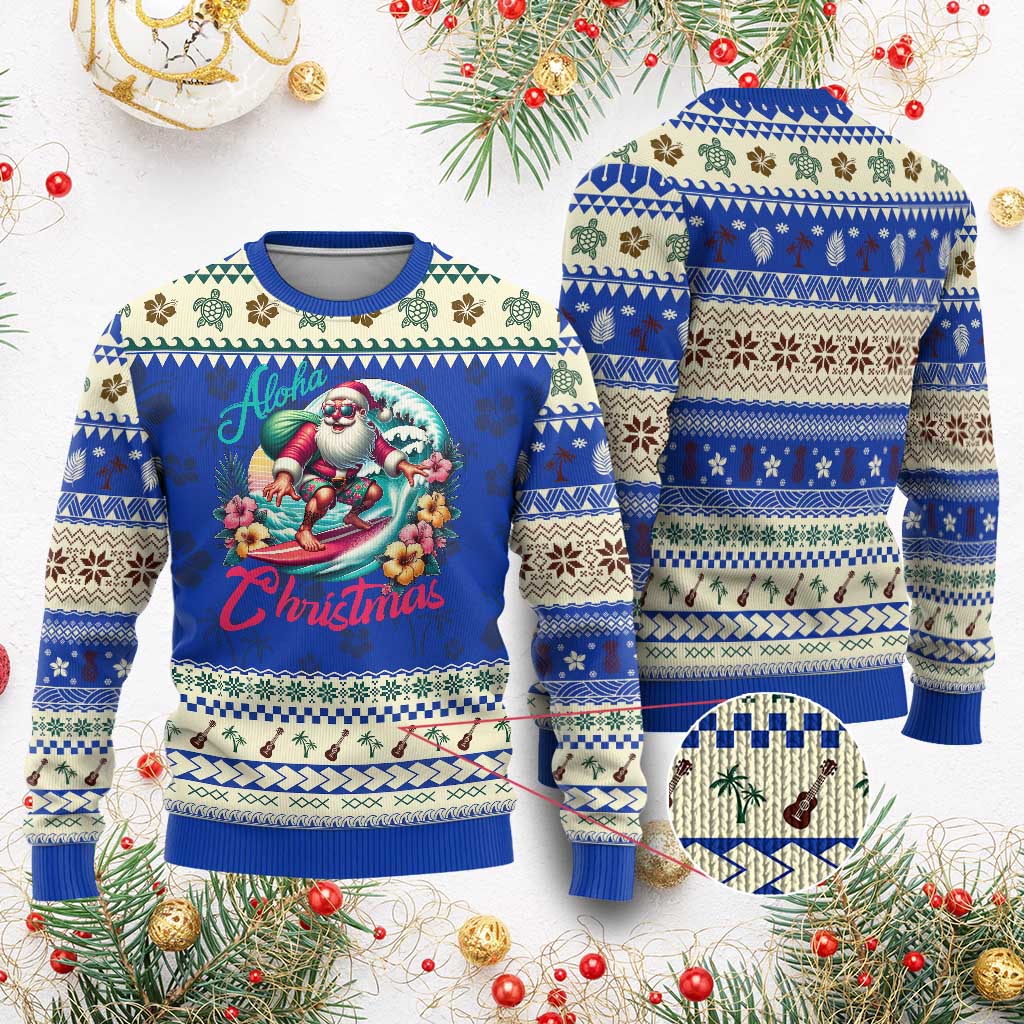 Xmas In Hawaii Ugly Christmas Sweater Aloha Christmas Santa Surfing Hibiscus Flower TS11 Blue Print Your Wear