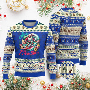 Xmas In Hawaii Ugly Christmas Sweater Aloha Christmas Santa Surfing Hibiscus Flower TS11 Blue Print Your Wear