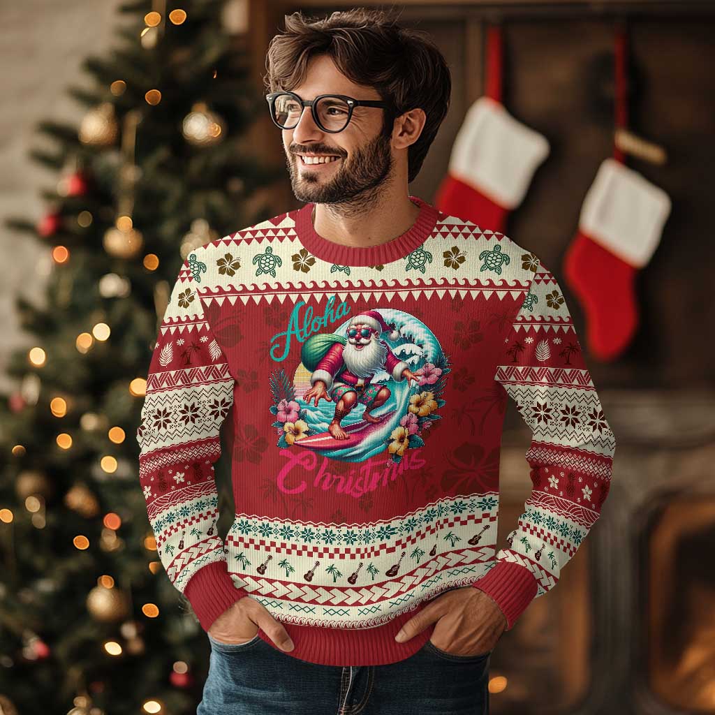 Xmas In Hawaii Ugly Christmas Sweater Aloha Christmas Santa Surfing Hibiscus Flower TS11 Hibiscus Print Your Wear