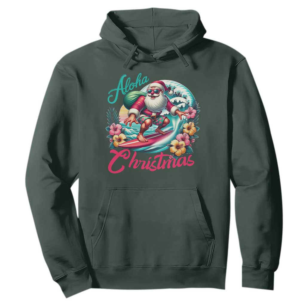 Christmas In Hawaii Hoodie Aloha Christmas Santa Surfing Hibiscus Flower TS11 Dark Forest Green Print Your Wear