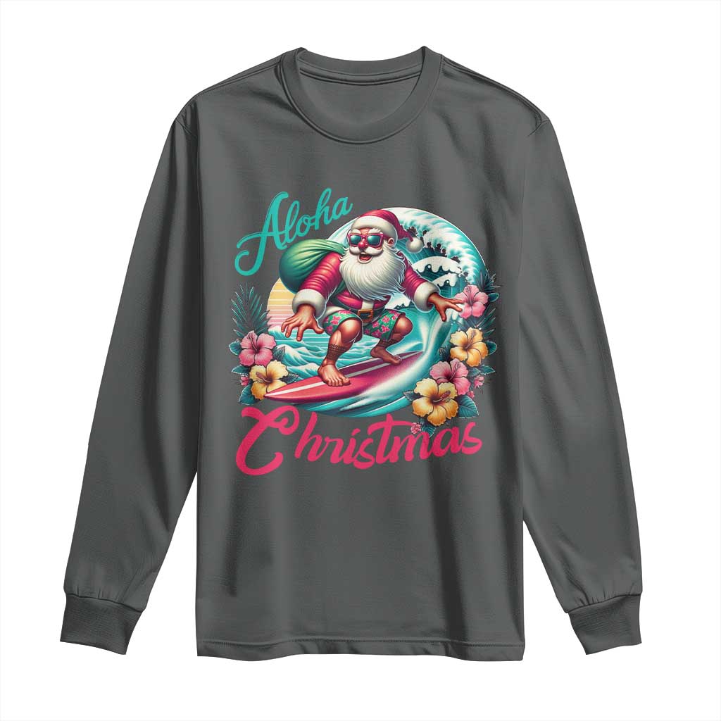 Christmas In Hawaii Long Sleeve Shirt Aloha Christmas Santa Surfing Hibiscus Flower TS11 Dark Heather Print Your Wear