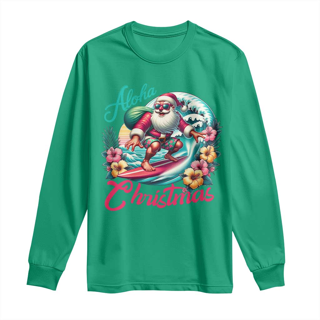 Christmas In Hawaii Long Sleeve Shirt Aloha Christmas Santa Surfing Hibiscus Flower TS11 Irish Green Print Your Wear