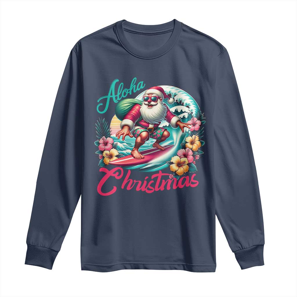 Christmas In Hawaii Long Sleeve Shirt Aloha Christmas Santa Surfing Hibiscus Flower TS11 Navy Print Your Wear