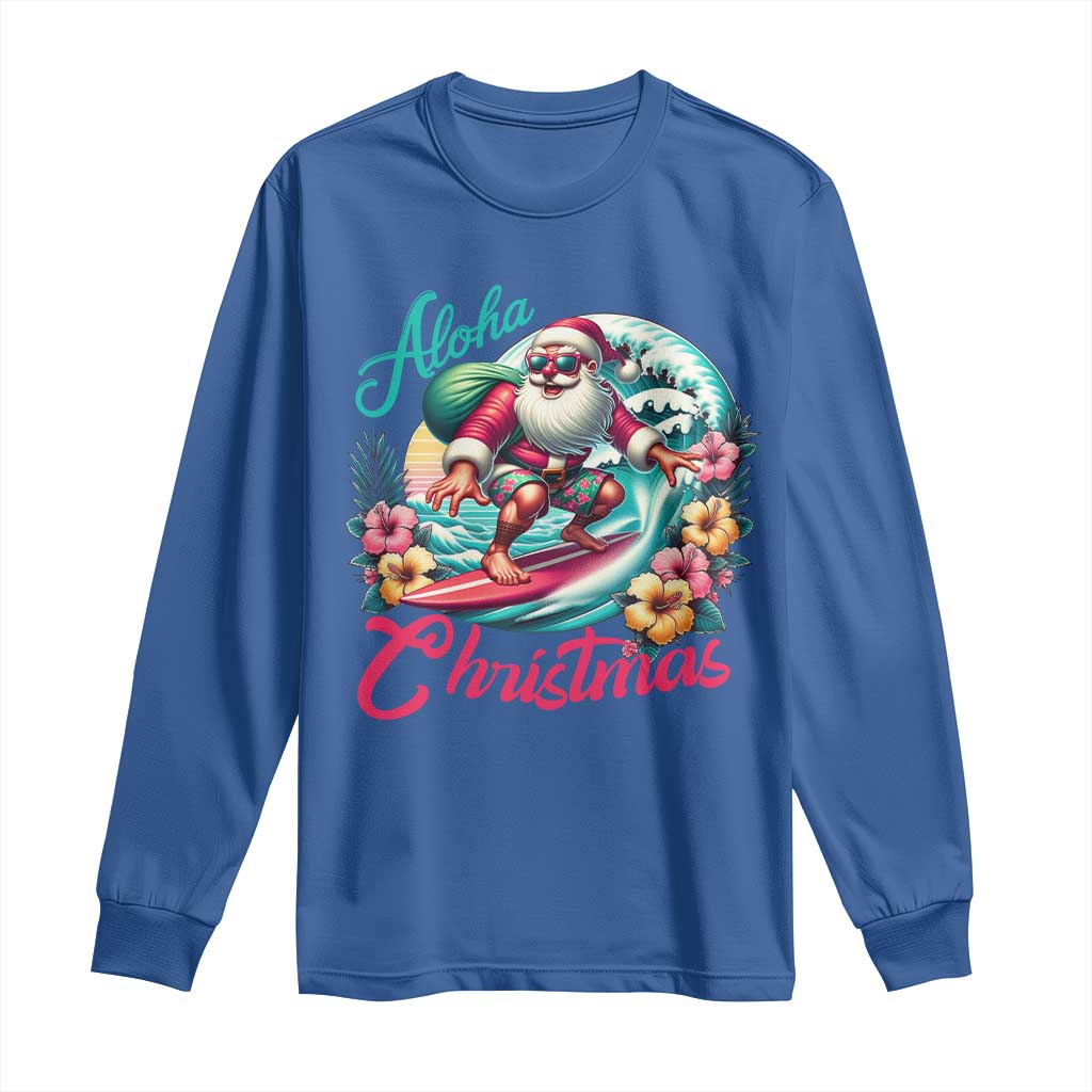 Christmas In Hawaii Long Sleeve Shirt Aloha Christmas Santa Surfing Hibiscus Flower TS11 Royal Blue Print Your Wear