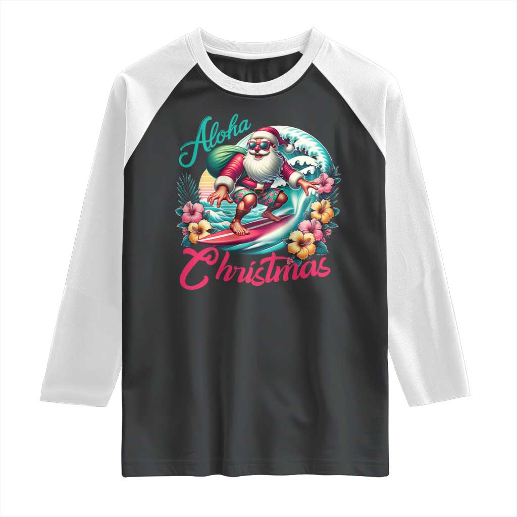 Christmas In Hawaii Raglan Shirt Aloha Christmas Santa Surfing Hibiscus Flower TS11 Black White Print Your Wear