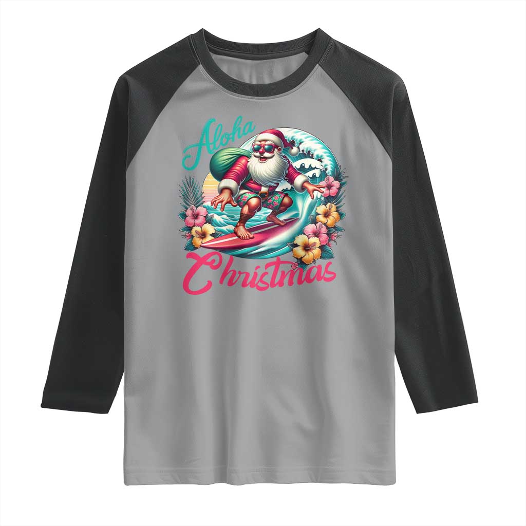 Christmas In Hawaii Raglan Shirt Aloha Christmas Santa Surfing Hibiscus Flower TS11 Sport Gray Black Print Your Wear