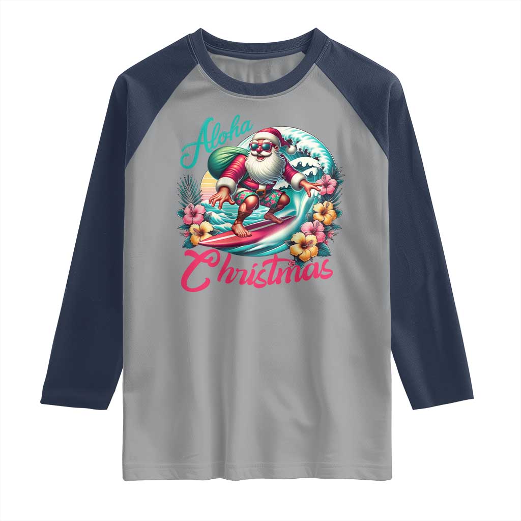 Christmas In Hawaii Raglan Shirt Aloha Christmas Santa Surfing Hibiscus Flower TS11 Sport Gray Navy Print Your Wear
