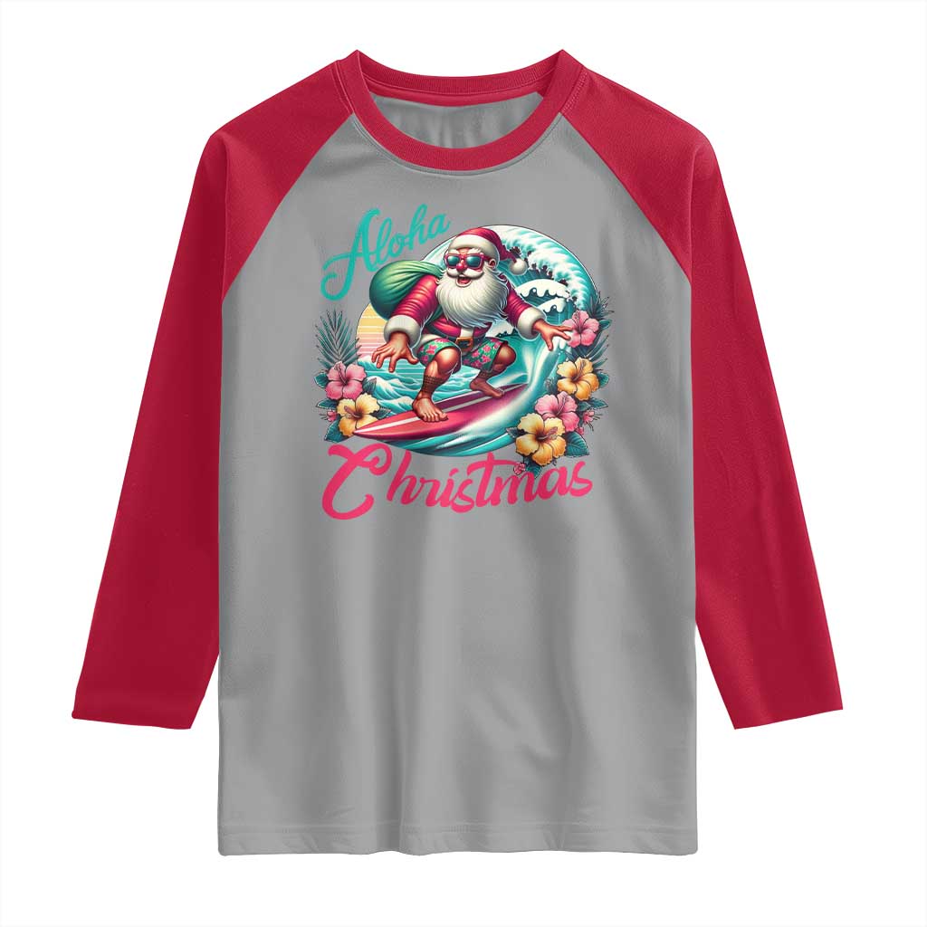 Christmas In Hawaii Raglan Shirt Aloha Christmas Santa Surfing Hibiscus Flower TS11 Sport Gray Red Print Your Wear