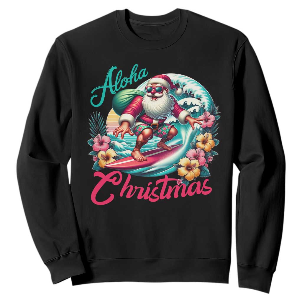 Christmas In Hawaii Sweatshirt Aloha Christmas Santa Surfing Hibiscus Flower TS11 Black Print Your Wear