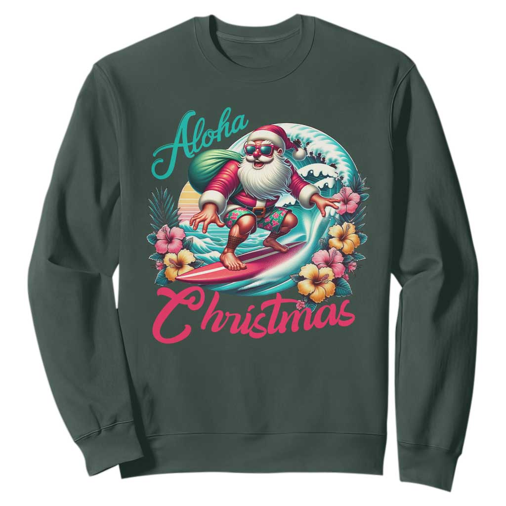 Christmas In Hawaii Sweatshirt Aloha Christmas Santa Surfing Hibiscus Flower TS11 Dark Forest Green Print Your Wear