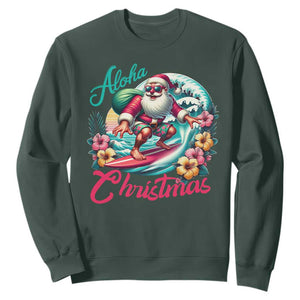Christmas In Hawaii Sweatshirt Aloha Christmas Santa Surfing Hibiscus Flower TS11 Dark Forest Green Print Your Wear