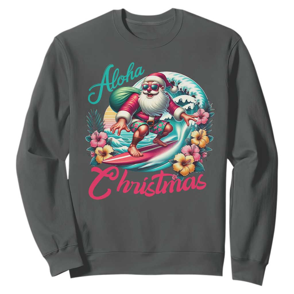Christmas In Hawaii Sweatshirt Aloha Christmas Santa Surfing Hibiscus Flower TS11 Dark Heather Print Your Wear