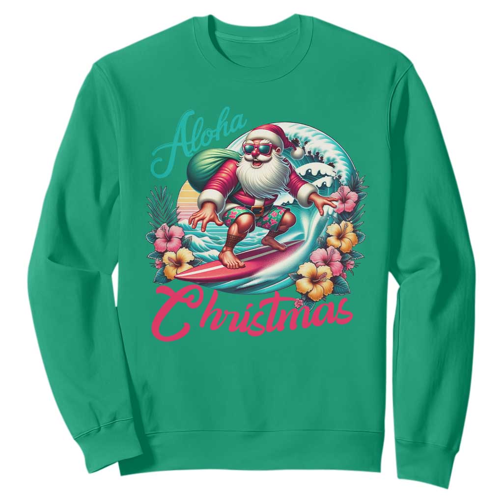 Christmas In Hawaii Sweatshirt Aloha Christmas Santa Surfing Hibiscus Flower TS11 Irish Green Print Your Wear