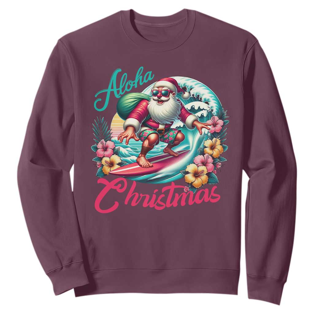 Christmas In Hawaii Sweatshirt Aloha Christmas Santa Surfing Hibiscus Flower TS11 Maroon Print Your Wear
