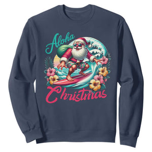 Christmas In Hawaii Sweatshirt Aloha Christmas Santa Surfing Hibiscus Flower TS11 Navy Print Your Wear