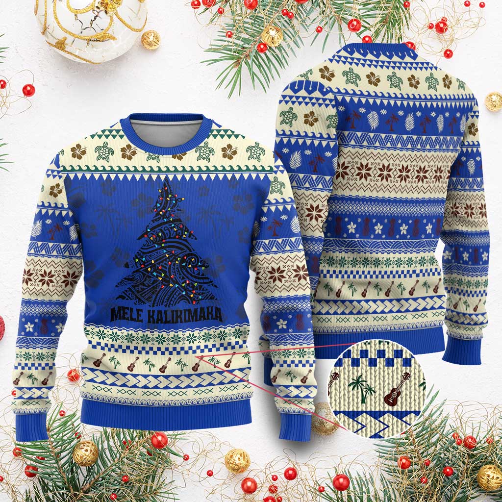 Xmas In Hawaii Ugly Christmas Sweater Mele Kalikimaka Christmas Tree Kakau Tattoo TS11 Blue Print Your Wear
