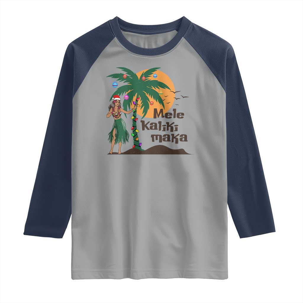 Christmas In Hawaii Raglan Shirt Mele Kalikimaka Retro Hula Girls Santa Hat Xmas TS11 Sport Gray Navy Print Your Wear