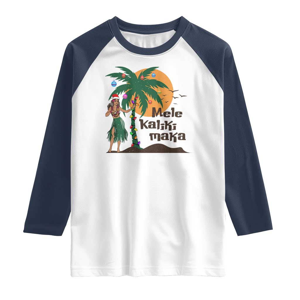 Christmas In Hawaii Raglan Shirt Mele Kalikimaka Retro Hula Girls Santa Hat Xmas TS11 White Navy Print Your Wear