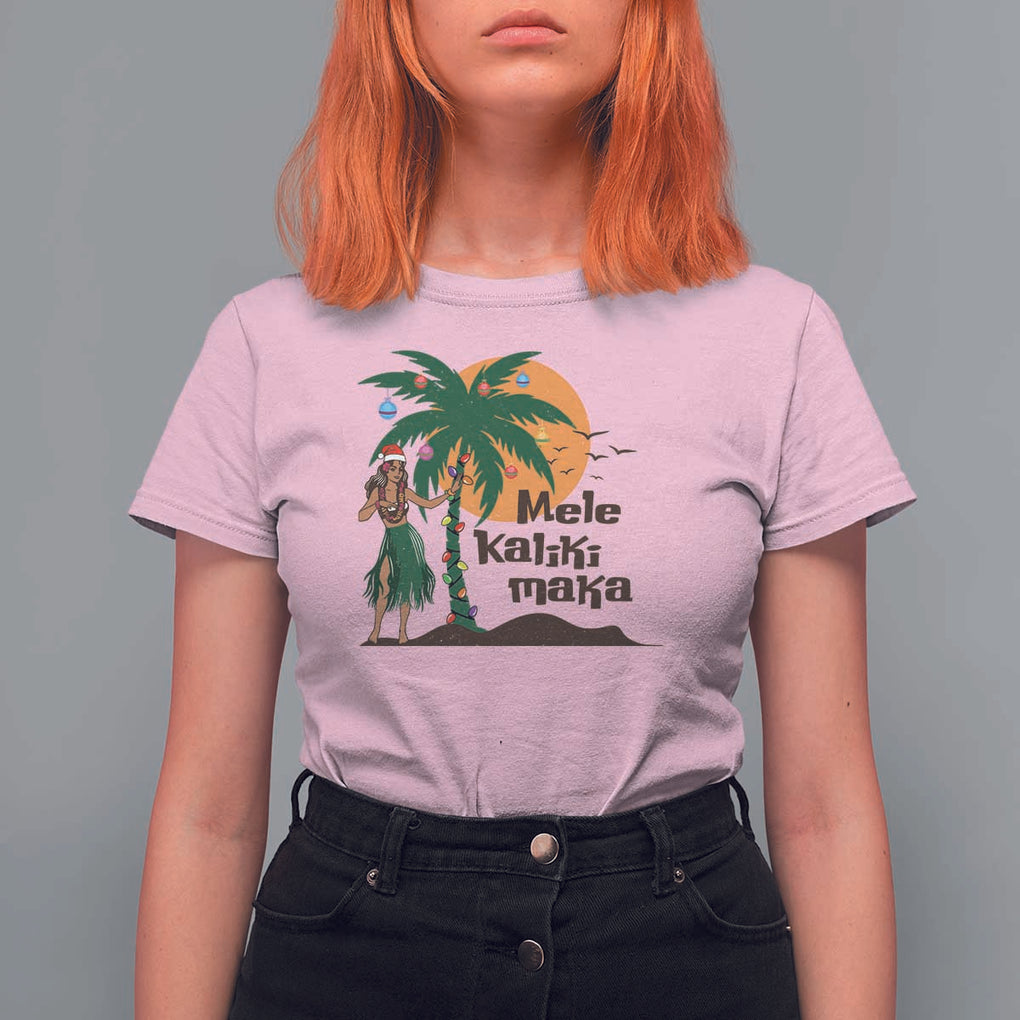 Christmas In Hawaii T Shirt For Women Mele Kalikimaka Retro Hula Girls Santa Hat Xmas TS11 Light Pink Print Your Wear