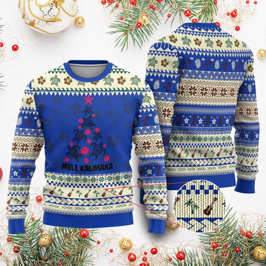 Xmas In Hawaii Ugly Christmas Sweater Mele Kalikimaka Kakau Tattoo Turtle Xmas Tree TS11 Blue Print Your Wear