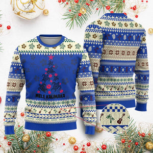 Xmas In Hawaii Ugly Christmas Sweater Mele Kalikimaka Kakau Tattoo Turtle Xmas Tree TS11 Blue Print Your Wear