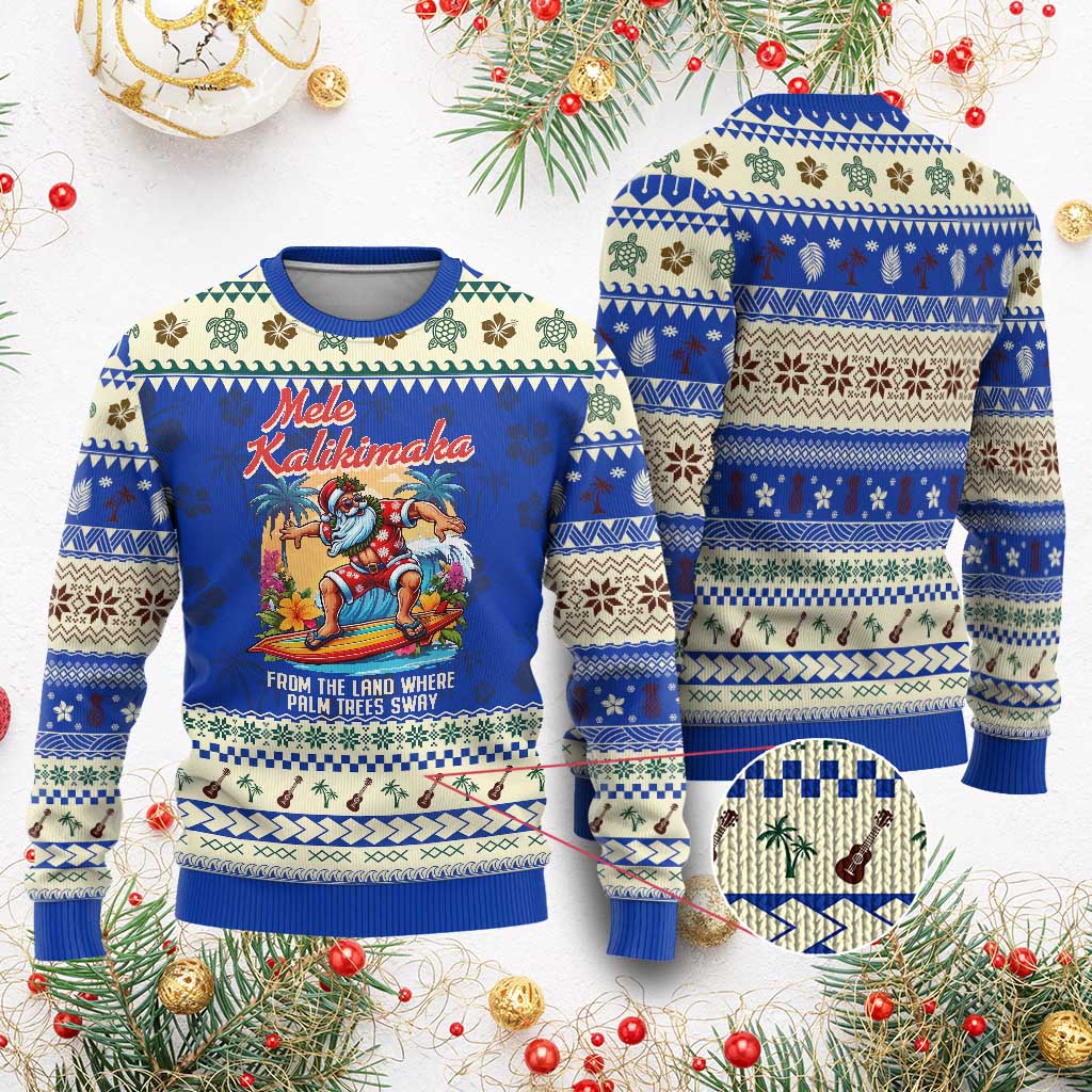 Xmas In Hawaii Ugly Christmas Sweater Mele Kalikimaka From The Land Where Palm Trees Sway Surfing Santa TS11 Blue Print Your Wear