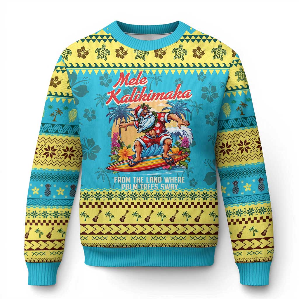 Xmas In Hawaii Ugly Christmas Sweater Mele Kalikimaka From The Land Where Palm Trees Sway Surfing Santa TS11 Hawaii Print Your Wear