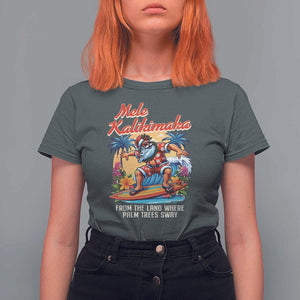 Christmas In Hawaii T Shirt For Women Mele Kalikimaka From The Land Where Palm Trees Sway Surfing Santa TS11 Dark Heather Print Your Wear