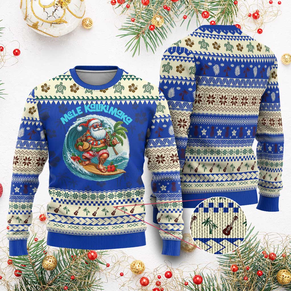 Xmas In Hawaii Ugly Christmas Sweater Mele Kalikimaka Santa Surfing Hibiscus TS11 Blue Print Your Wear