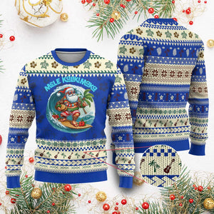 Xmas In Hawaii Ugly Christmas Sweater Mele Kalikimaka Santa Surfing Hibiscus TS11 Blue Print Your Wear