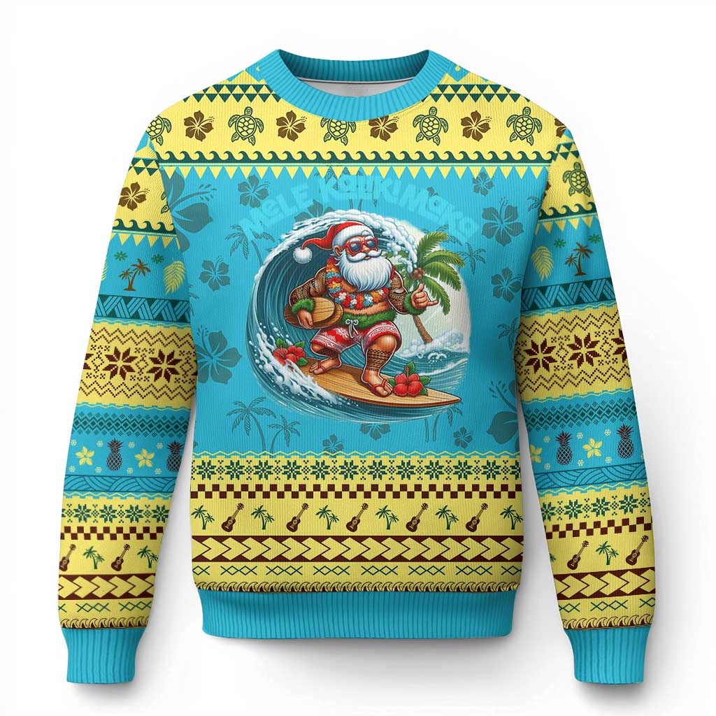 Xmas In Hawaii Ugly Christmas Sweater Mele Kalikimaka Santa Surfing Hibiscus TS11 Hawaii Print Your Wear