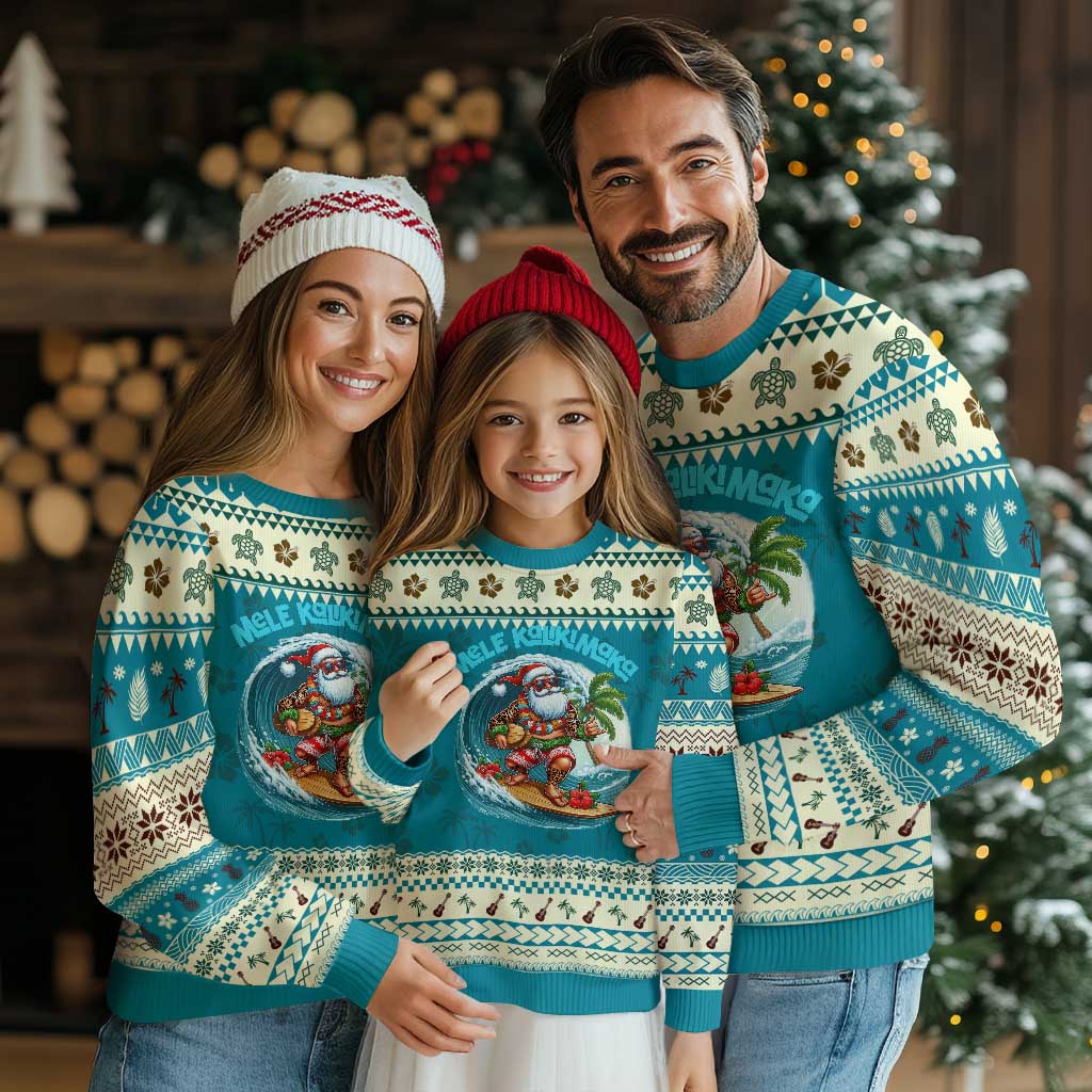 Xmas In Hawaii Ugly Christmas Sweater Mele Kalikimaka Santa Surfing Hibiscus TS11 Teal Print Your Wear