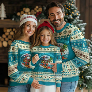 Xmas In Hawaii Ugly Christmas Sweater Mele Kalikimaka Santa Surfing Hibiscus TS11 Teal Print Your Wear