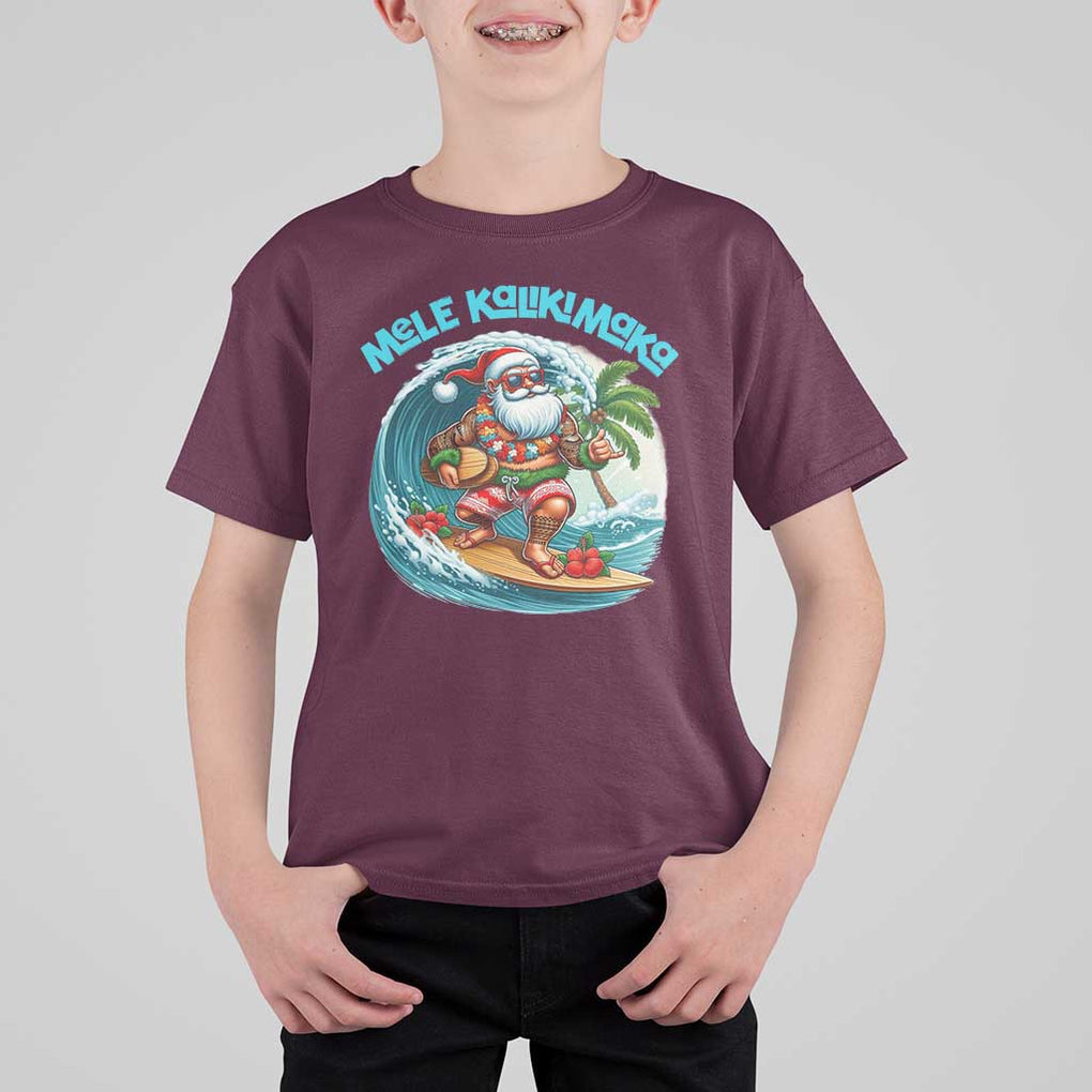 Christmas In Hawaii T Shirt For Kid Mele Kalikimaka Santa Surfing Hibiscus TS11 Maroon Print Your Wear