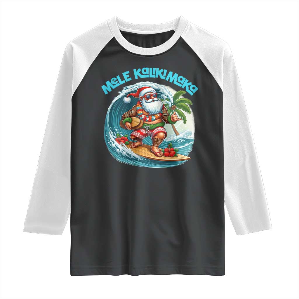 Christmas In Hawaii Raglan Shirt Mele Kalikimaka Santa Surfing Hibiscus TS11 Black White Print Your Wear