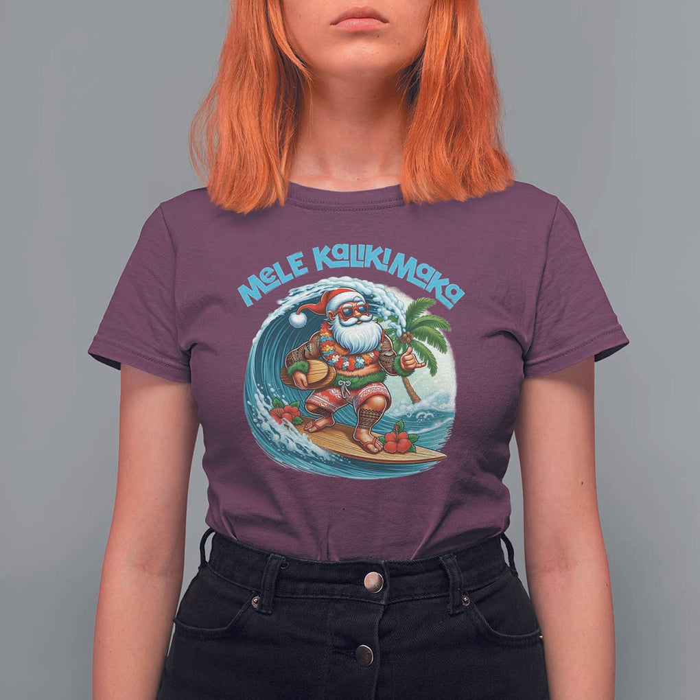 Christmas In Hawaii T Shirt For Women Mele Kalikimaka Santa Surfing Hibiscus TS11 Maroon Print Your Wear