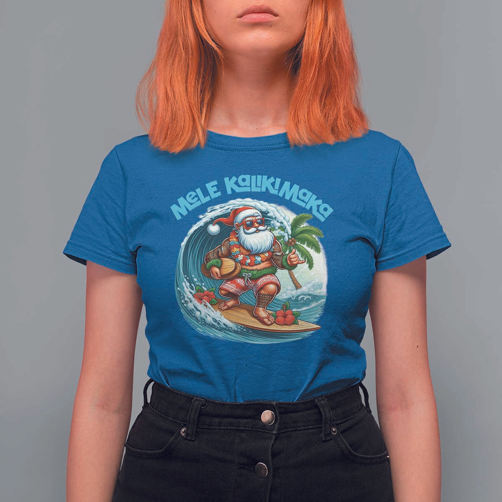 Christmas In Hawaii T Shirt For Women Mele Kalikimaka Santa Surfing Hibiscus TS11 Royal Blue Print Your Wear