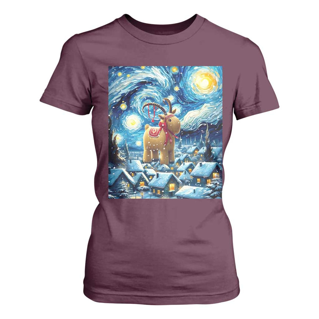Yule Goat T Shirt For Women Yule Starry Night Winter Solstice Christmas Vincent Van Gogh TS11 Maroon Print Your Wear