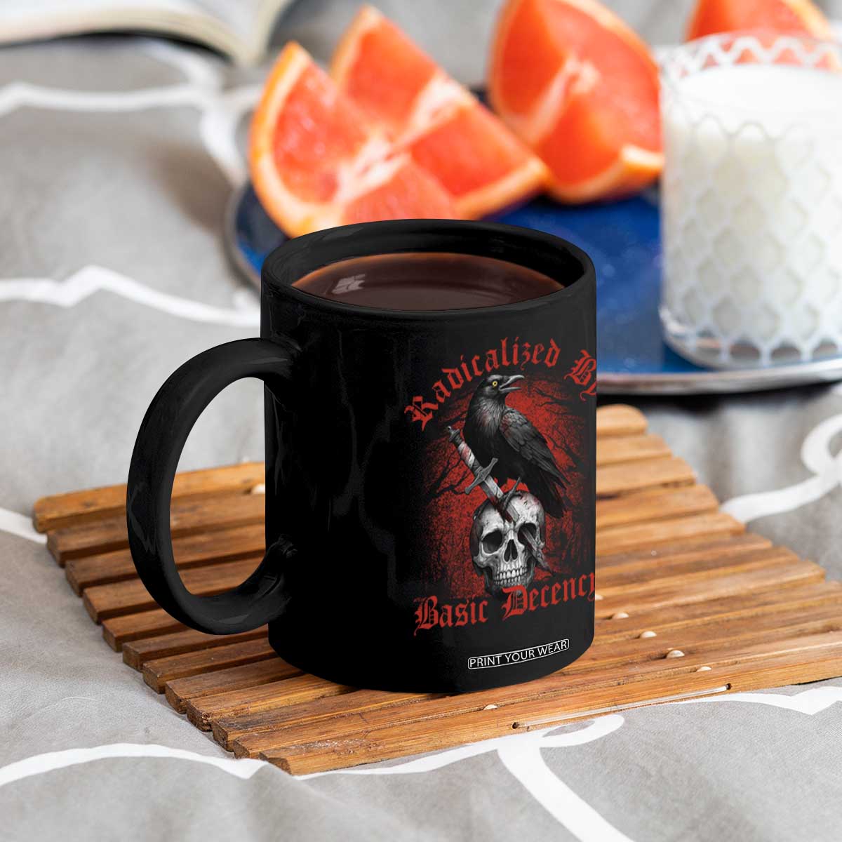 Radicalized By Basic Decency Coffee Mug Vintage Gothic Victorian Crow Skull TS11 Print Your Wear