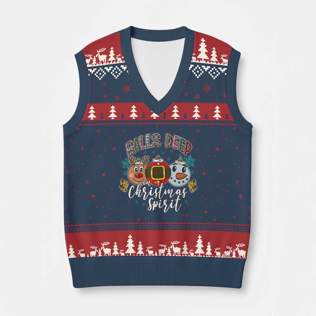 Funny Balls Deep In Xmas Spirit V-Neck Knit Sweater Vest Xmas Humorous Festive TS11 Navy Red Print Your Wear