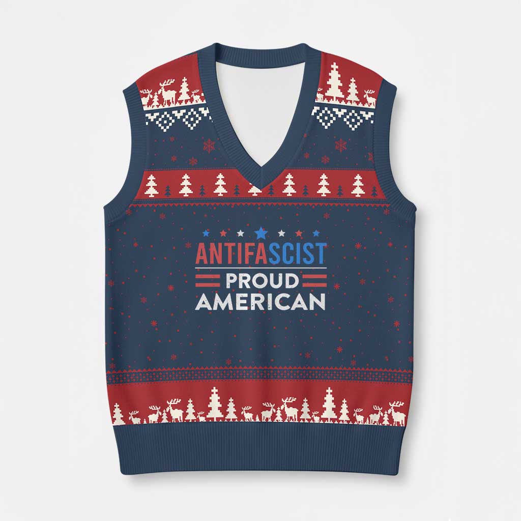 Antifascist Proud American V-Neck Knit Sweater Vest Fight Fascism Protest Human Rights TS11 Navy Red Print Your Wear